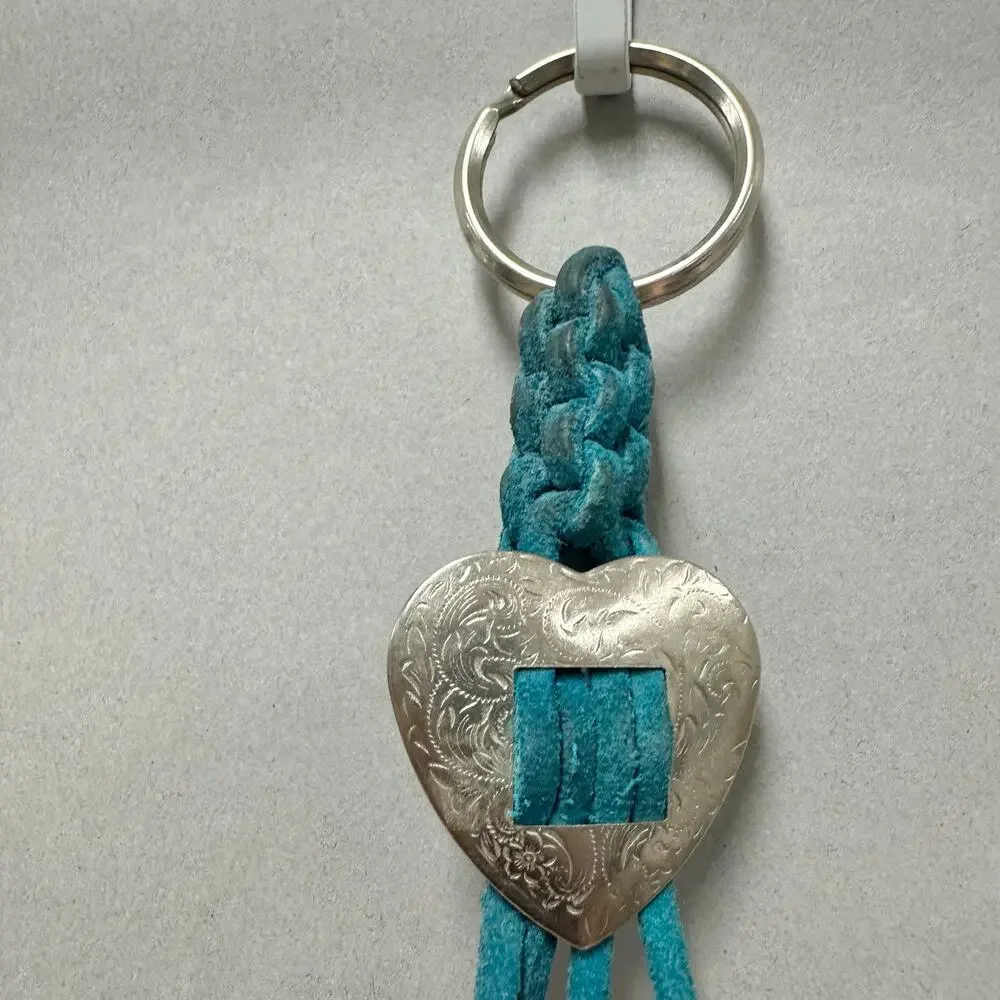 Vintage 90s handmade suede leather‎ and bead macrame Keychain heart concho boho